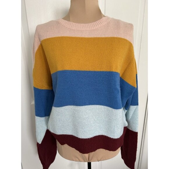 H&M Divided Womens Striped Knit Pink Gold Blue Burgundy Sweater CrewNeck Size S - Picture 2 of 8
